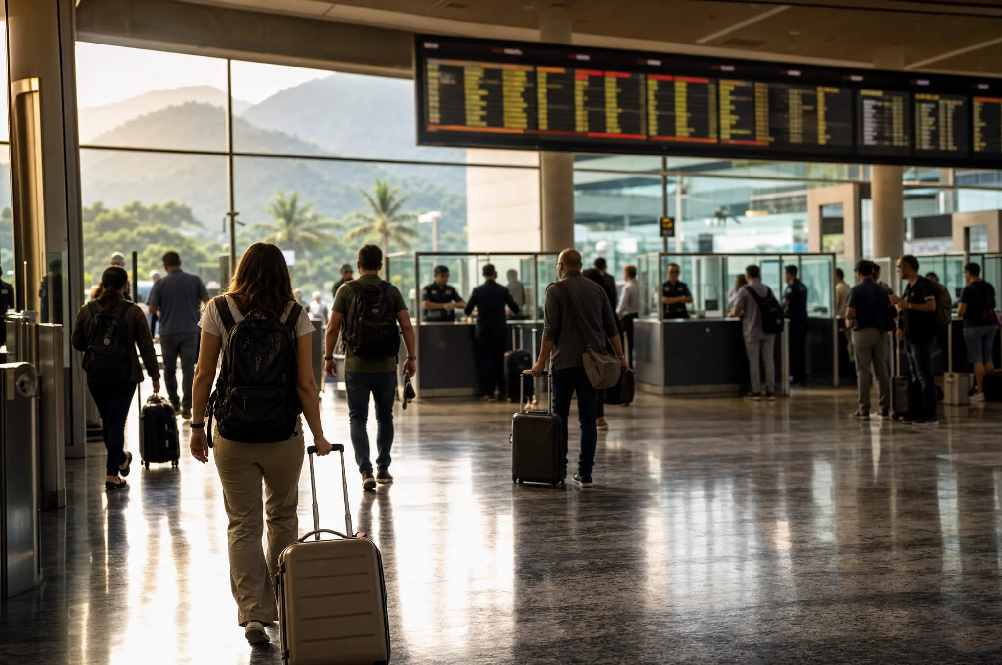 Airport immigration arrivals corridor with passport control booths in soft focus and warm afternoon light, evoking heightened screening at Medellín's airport