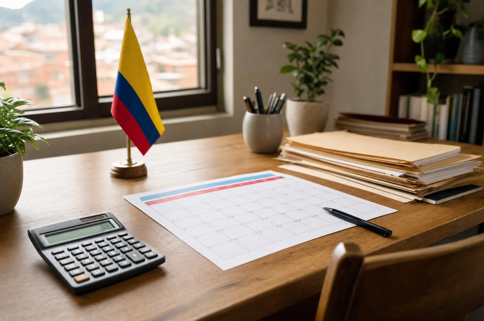 A tidy home-office desk with a printed tax calendar, a calculator, and a pen under soft natural light, evoking Colombia's tax-filing season.