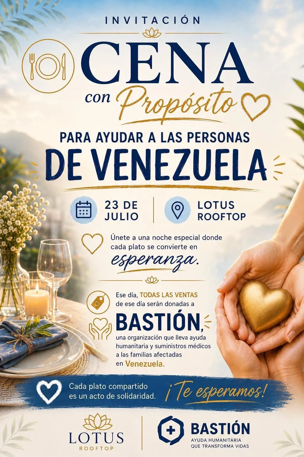 Invitation flyer for Cena con Propósito, a charity dinner at Lotus Rooftop on July 23 benefiting people affected in Venezuela, with a hand holding a golden heart