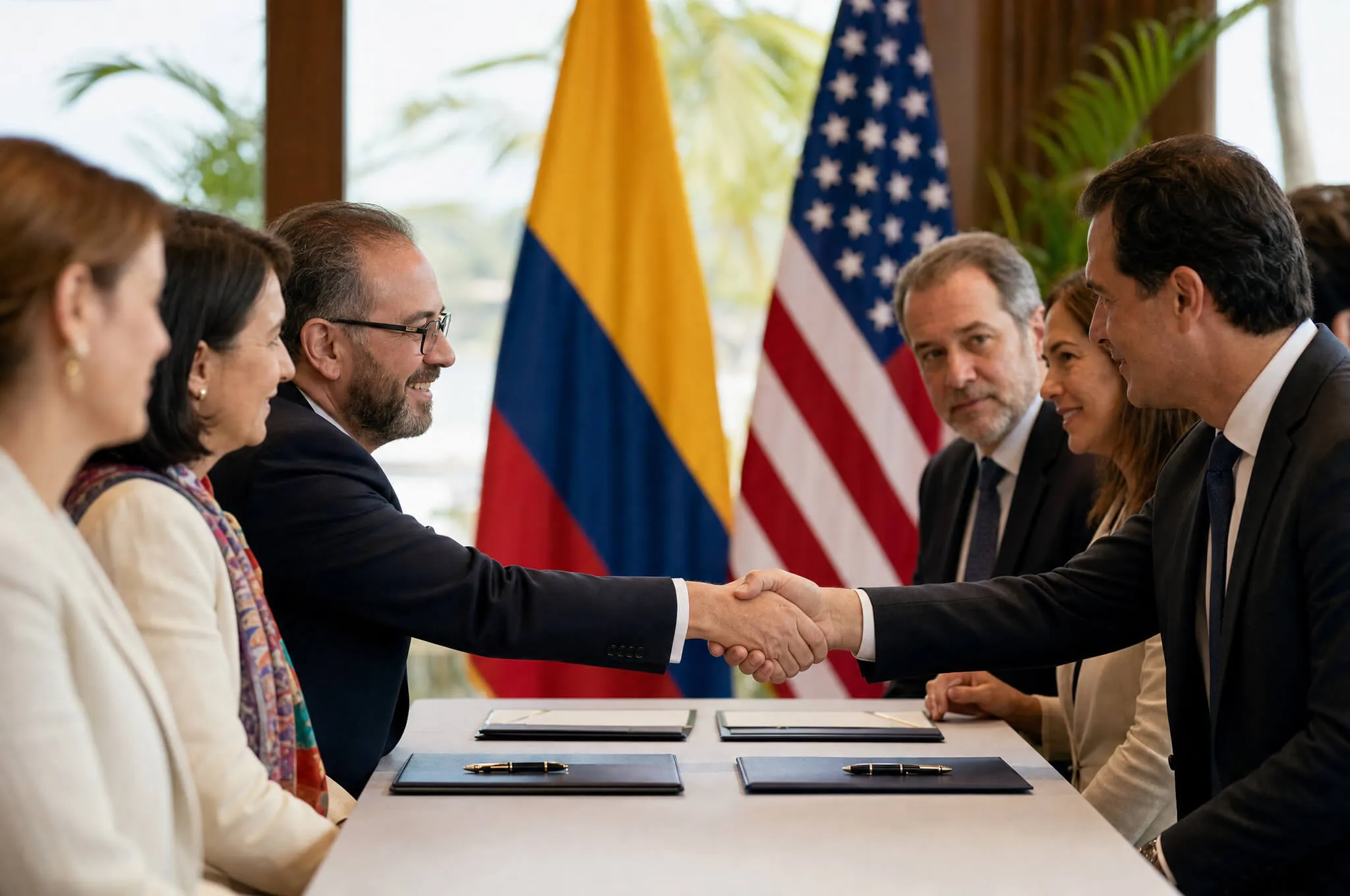 Two blurred diplomatic delegations shaking hands over a signing table with folders and pens, soft Colombian and American flags in the background, warm coastal light