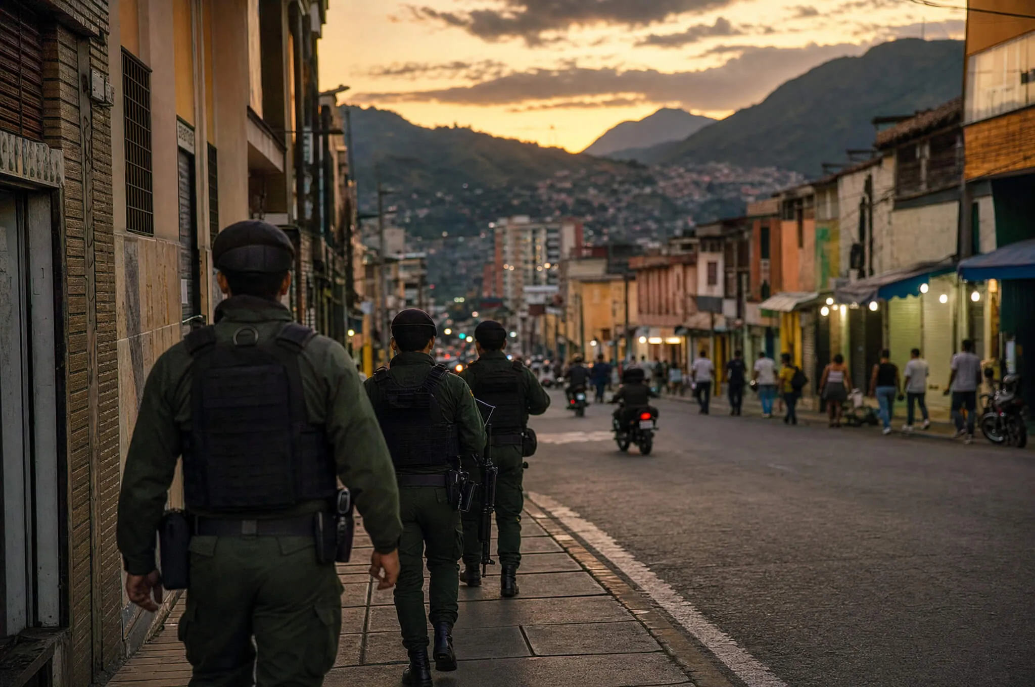 Uniformed police patrolling a commercial street in a Latin American valley city at dusk, illustrating Medellín's new urban security block.