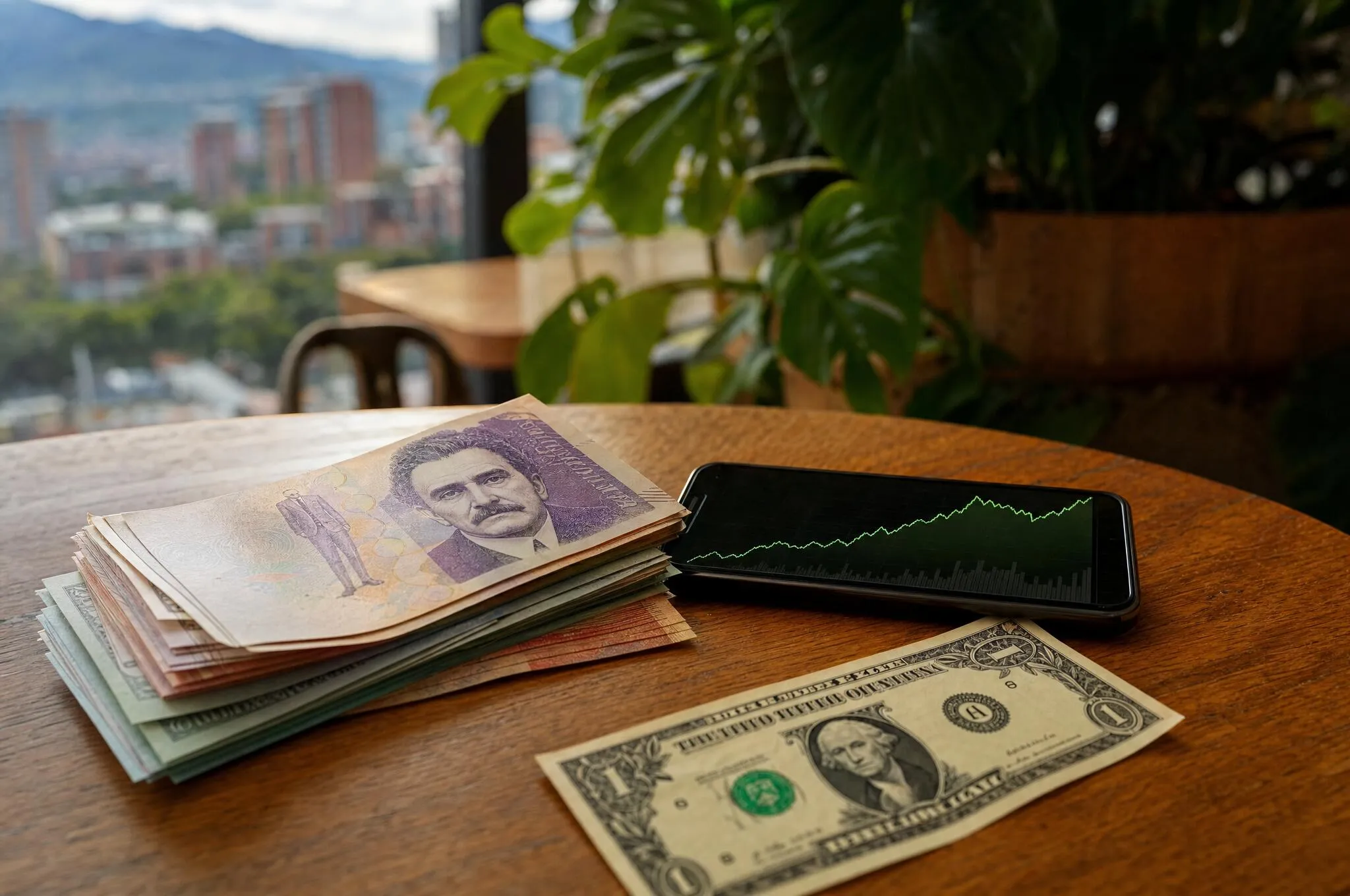 Colombian peso banknotes beside a smartphone showing a rising USD/COP currency chart on a cafe table in Medellín