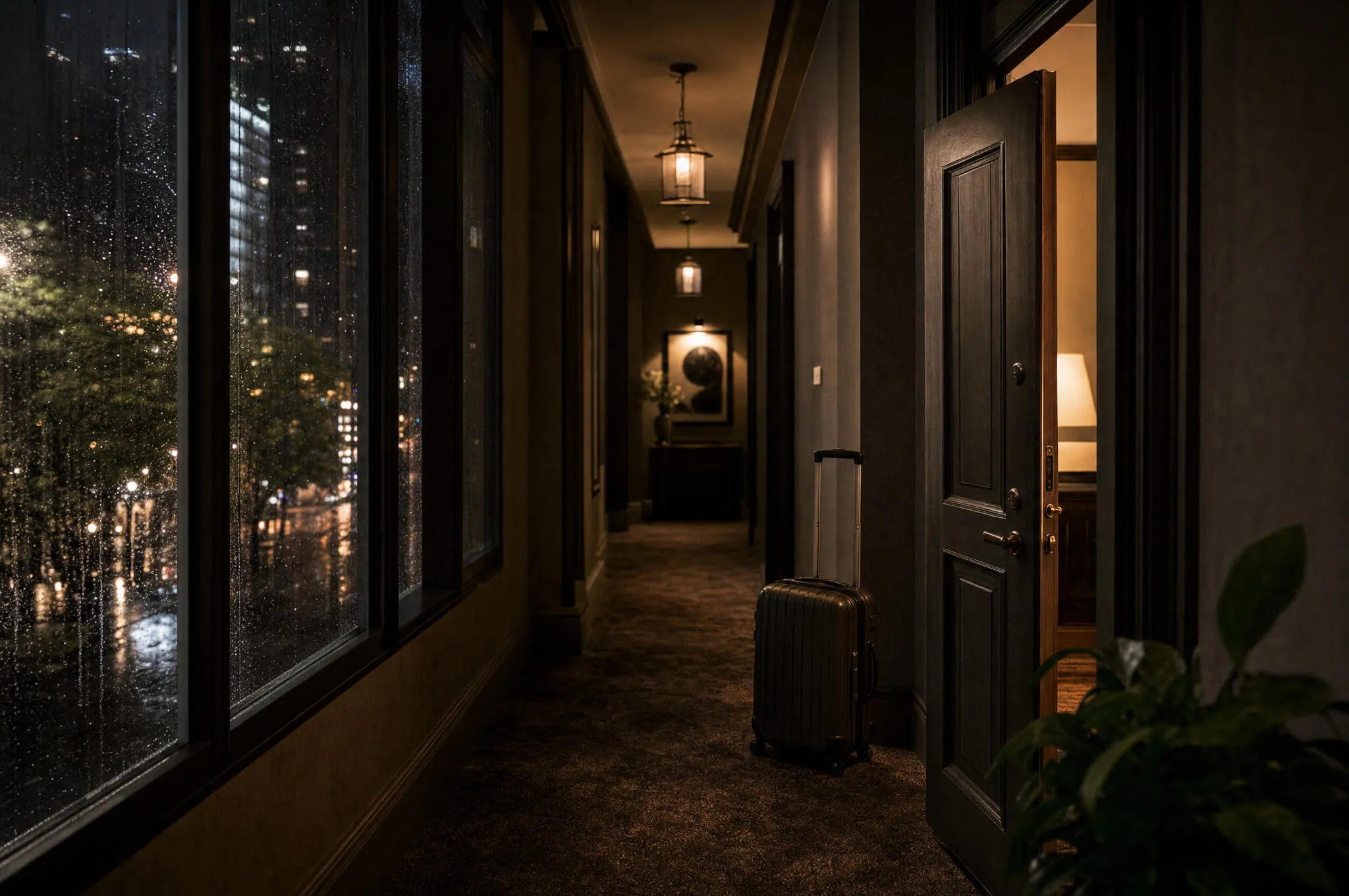 A quiet upscale hotel corridor at night with warm lamplight and a rolling suitcase left in the hallway, evoking travel-safety unease.