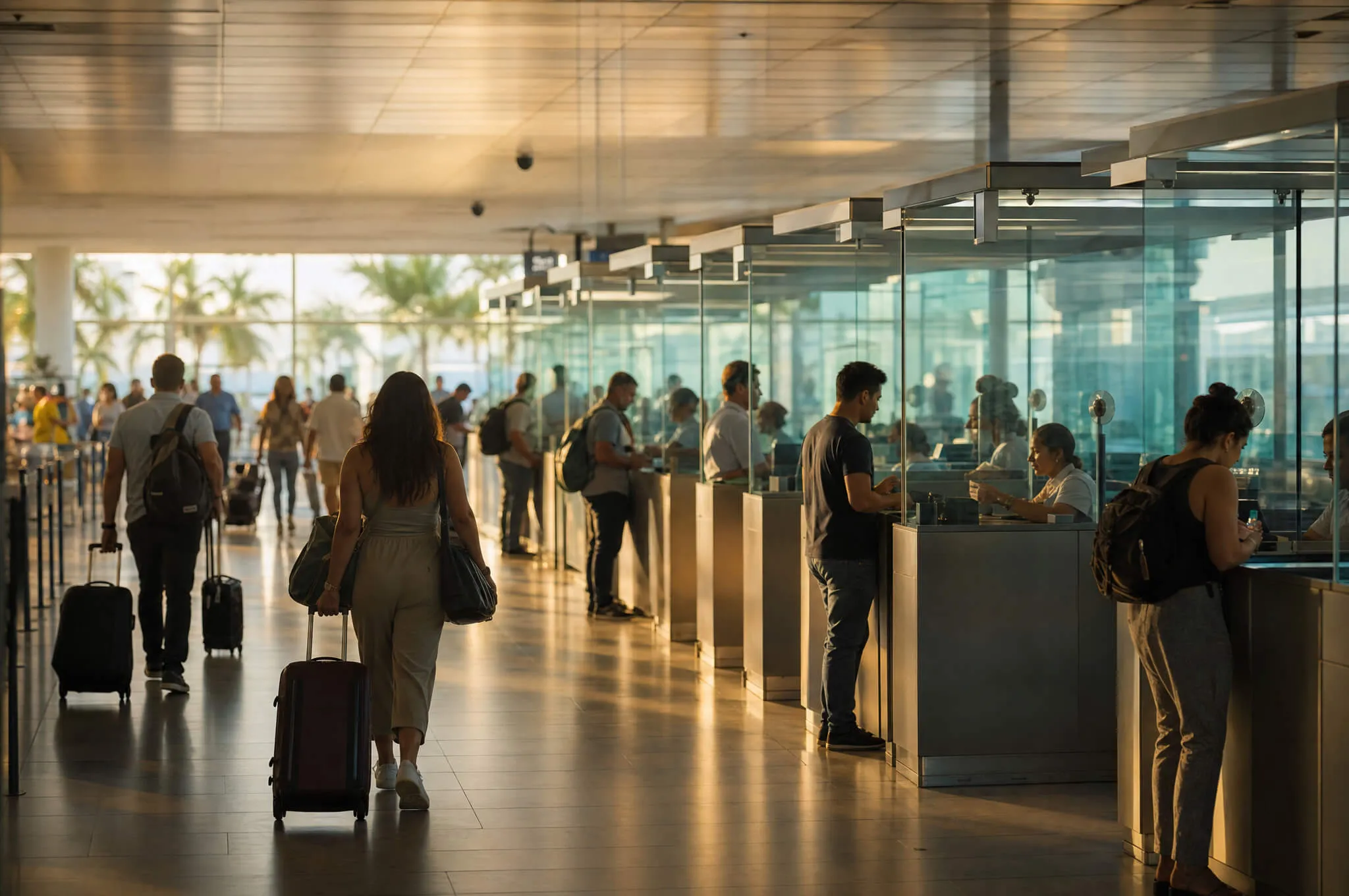 Airport passport-control corridor with glass booths in soft focus and warm light, evoking immigration screening rather than depicting any real person or airport named in this article