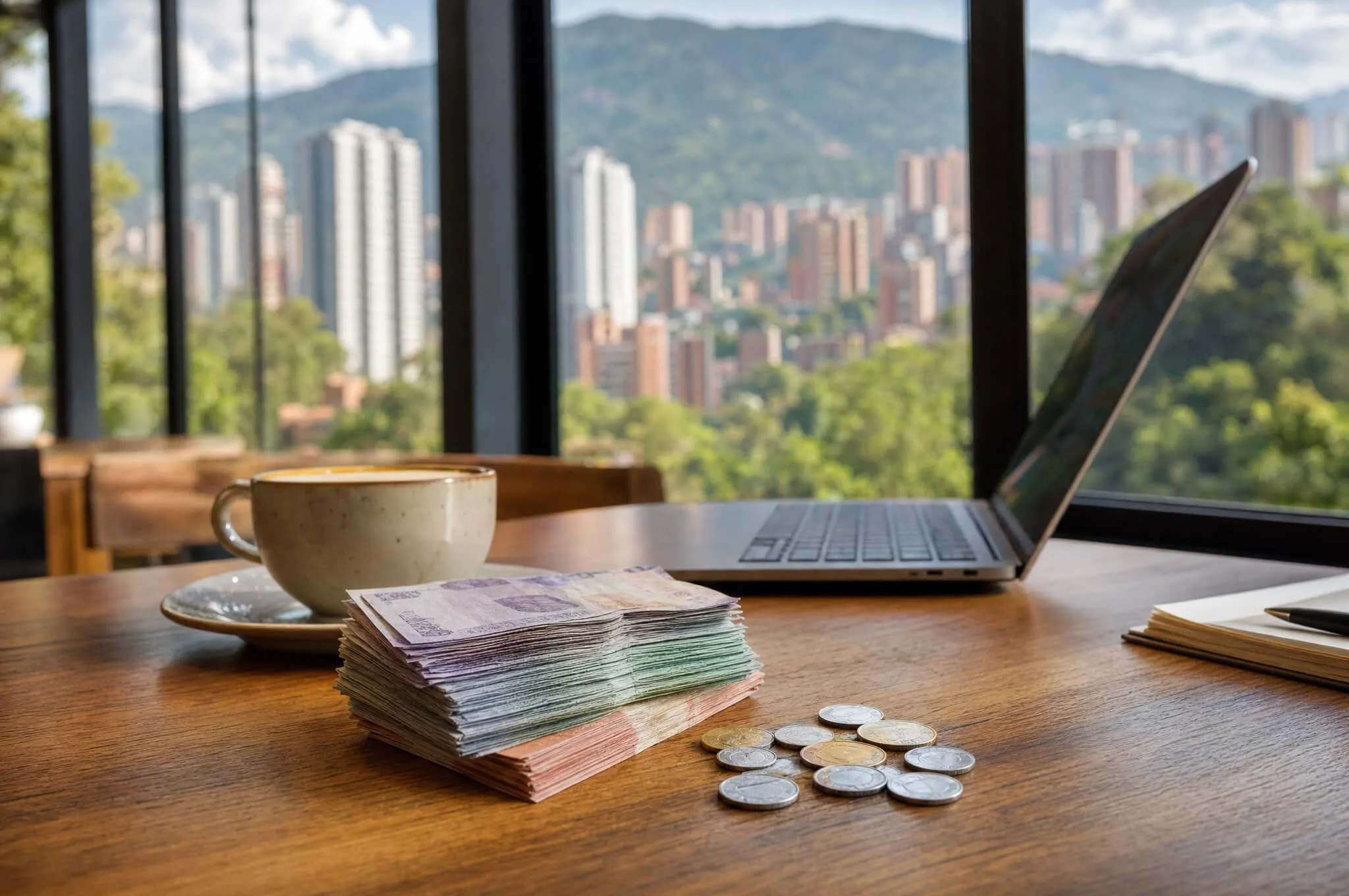 A stack of Colombian peso banknotes on a cafe table with a laptop and coffee, and a soft-focus Medellín skyline in the background