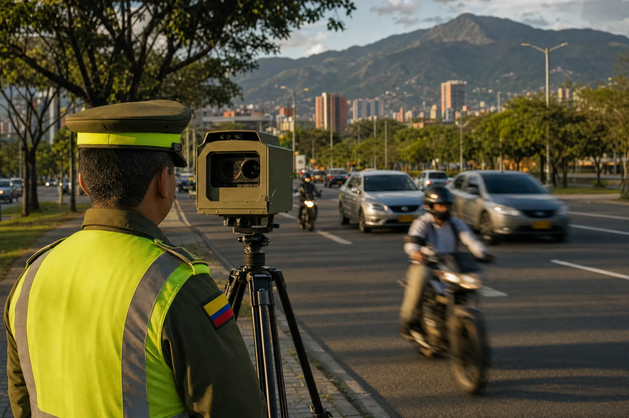 Speed-camera radar unit on a tripod beside a busy Medellín avenue at golden hour, Andean mountains hazy in the background