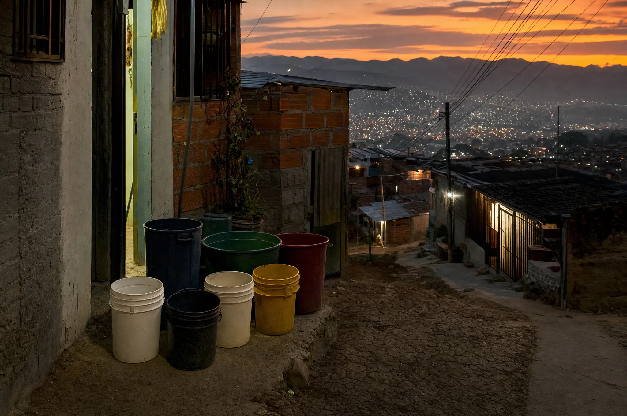 A quiet Medellín residential hillside street at dusk with lights on in a few homes and empty water containers by a doorway, under a dry-season sky.