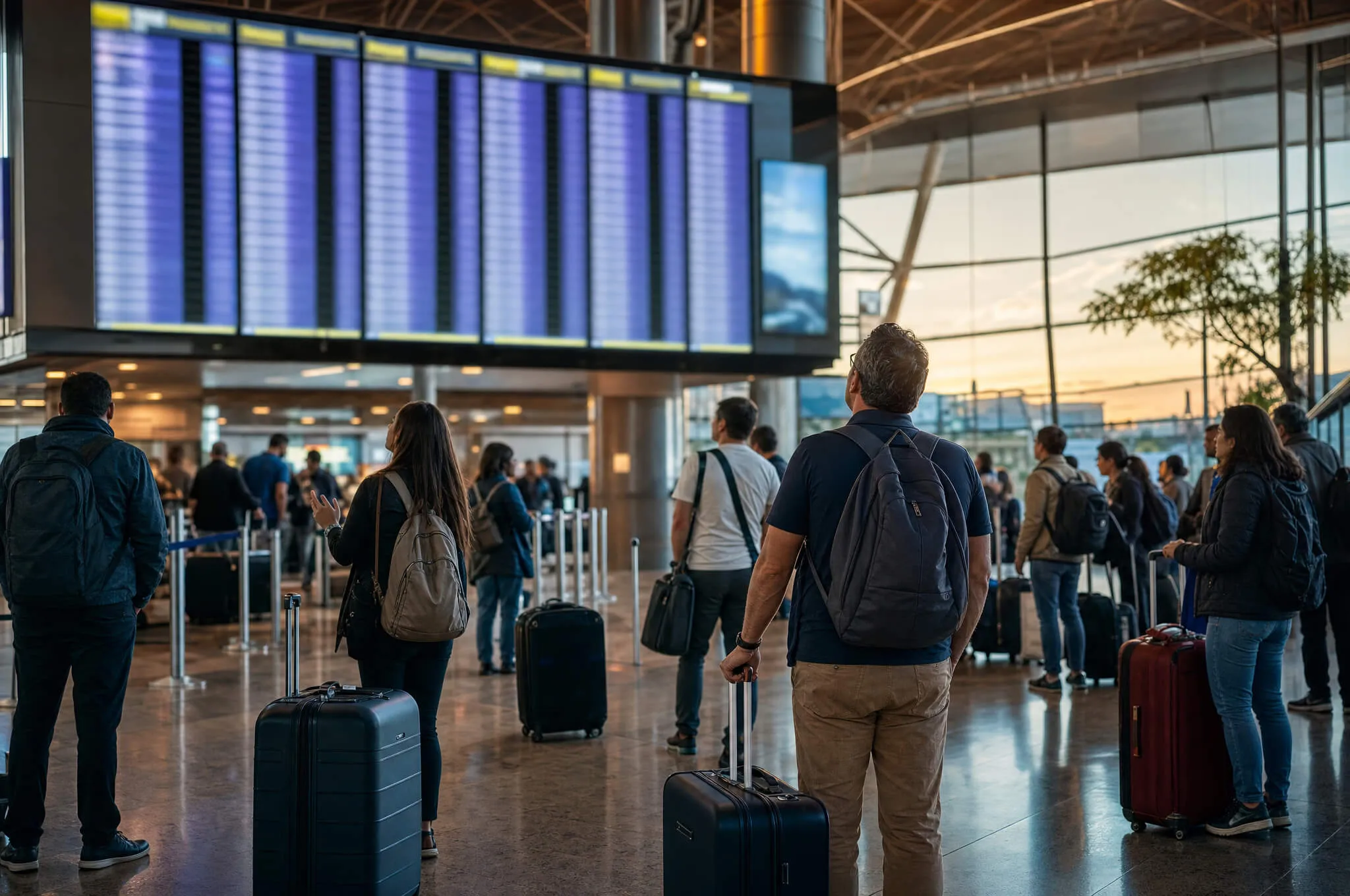 Travelers with rolling suitcases checking a blurred flight information board in a modern airport departure hall, evoking calm alertness amid travel disruption.