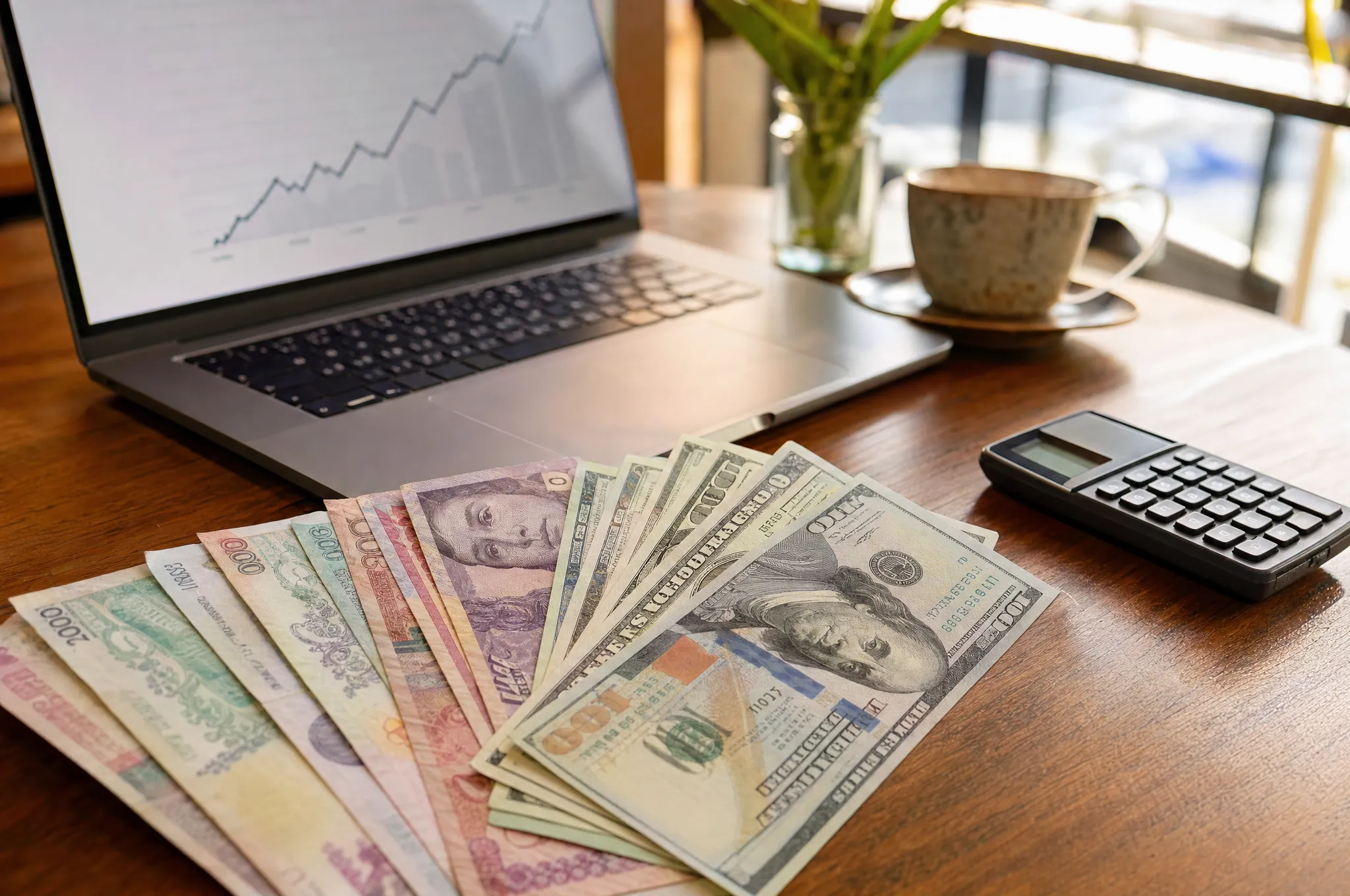 Colombian peso banknotes and US dollar bills fanned out on a wooden table beside a laptop showing an exchange-rate chart