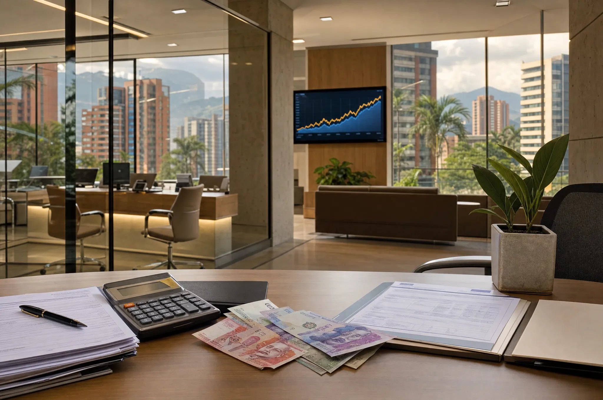 A desk with Colombian peso banknotes, a calculator, and loan paperwork inside a bright bank branch interior