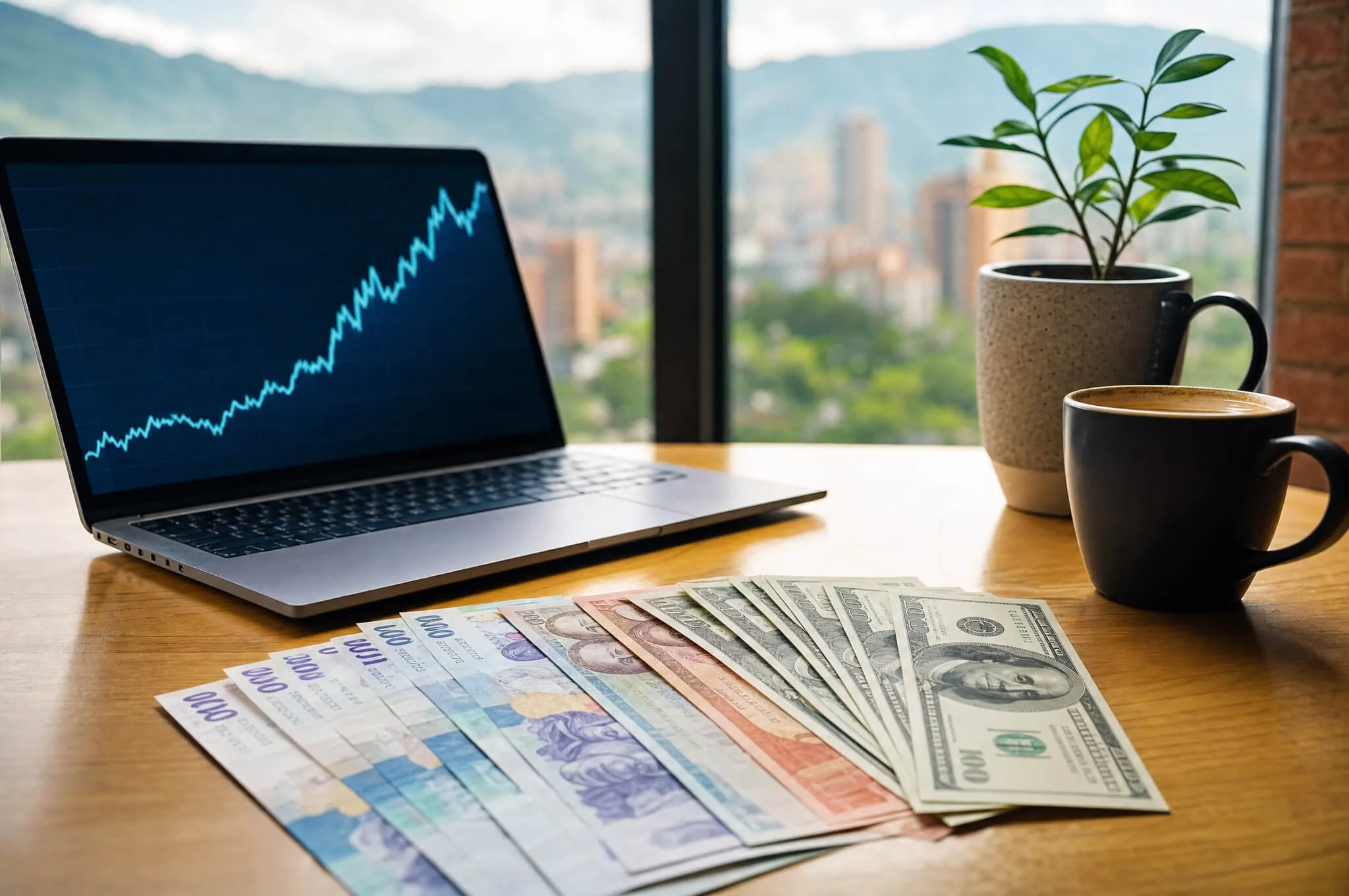 Colombian peso banknotes and US dollar bills on a desk beside a laptop showing a currency chart