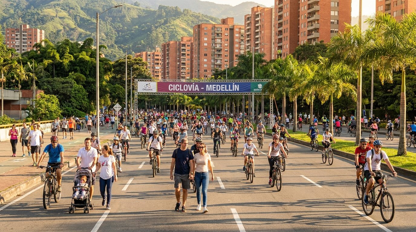 Cyclists and runners fill a car-free avenue during Medellín's Sunday Ciclovía
